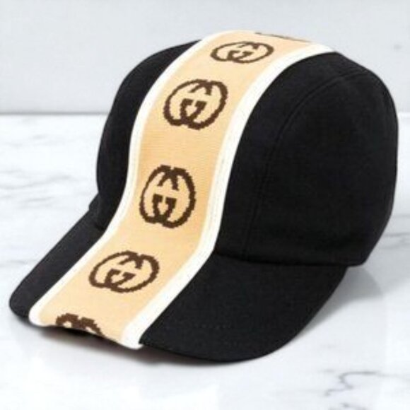 NWT Authentic Gucci  Wool Interlocking GG Stripe Baseball Hat M Black - Picture 2 of 5